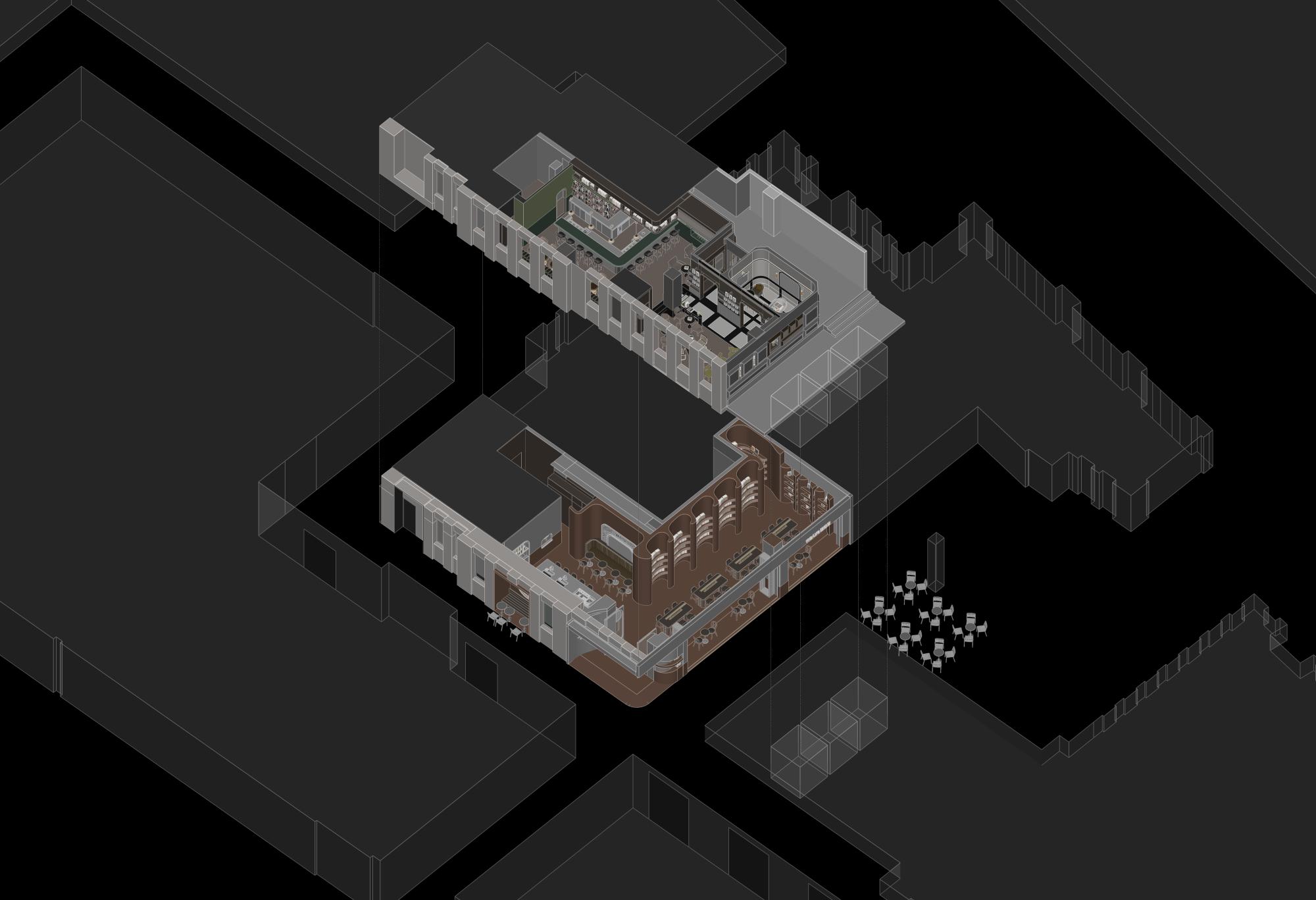 02Axonometric drawing of both floors and streets  兩層店鋪與街區的軸測圖.jpg
